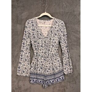 Mudd Floral Print Romper White Blue Bell Sleeve Button Front Elastic Waist Sz XS